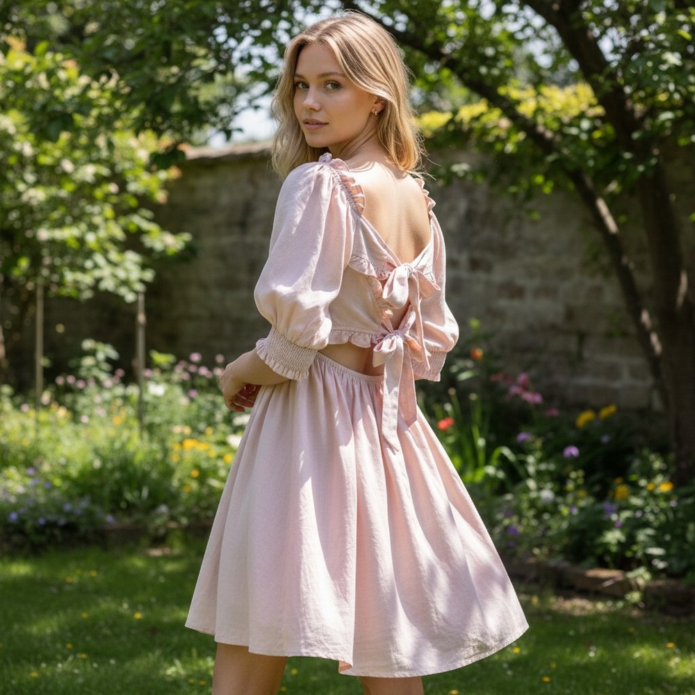 Pink Linen Blend Puff Sleeve Mini Dress OpenBack L Cottagecore Coquette Babydoll - Picture 1 of 13